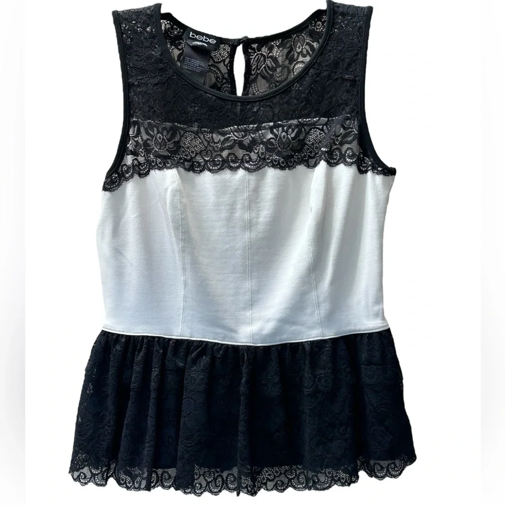 Bebe Black and White Lace Peplum Ruffle Top Side Zip Sexy Size M - Picture 2 of 12